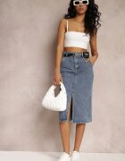 by may Fustă Creion Albastră Denim cu Slit și Curea cu Borsetă Misitra