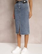 by may Fustă Creion Albastră Denim cu Slit și Curea cu Borsetă Misitra