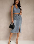 by may Fustă Denim Bleumarin din Bumbac cu Lanț Lilurea