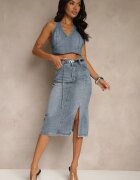 by may Fustă Denim Bleumarin din Bumbac cu Lanț Lilurea