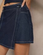 by may Fustă-Pantaloni scurți din denim bleumarin asimetrici decorați cu cusături Lisanithra