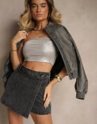 by may Fustă-Pantaloni scurți Negri Asimetrici Jeans Decorați cu Cusături Lisanithra