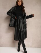 by may Fustă Plisată Neagră în Stil Preppy cu Croială Cloș Talie Înaltă cu Cordon Iriviel