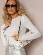 by swan Bluză Albă cu Fir Decorativ Metalic și Mânecă Lungă Aniango