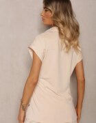 by swan Bluză Asimetrică Bej cu Volane Decorative și Guler Clasic Namsolti