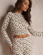by swan Bluză Bej cu Model Geometric cu Mânecă Lungă și Fronseuri Runnidee