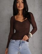 by swan Bluză Maro închisă Longsleeve din plasă cu viscoză cu decolteu inimă Elinevia