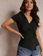 by swan Bluză Negră Petrecută cu Decolteu Adânc cu Legătură Decorativă Darlina