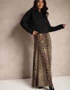 by swan Fustă Cloș Maro cu Imprimeu Leopard Talie înaltă cu Încrețituri în Talie Nolisea