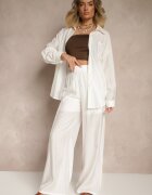 by swan Pantaloni Albi Palazzo cu Talie Înaltă Picior Larg și Elastic în Talie Jenarielis