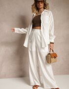 by swan Pantaloni Albi Palazzo cu Talie Înaltă Picior Larg și Elastic în Talie Jenarielis