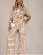 by swan Pantaloni Bej din Vâscoză cu Croială Largă Decorați cu Model Geometric Adiriva