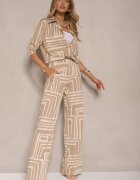 by swan Pantaloni Bej din Vâscoză cu Croială Largă Decorați cu Model Geometric Adiriva