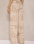 by swan Pantaloni Bej din Vâscoză cu Croială Largă Decorați cu Model Geometric Adiriva