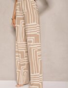 by swan Pantaloni Bej din Vâscoză cu Croială Largă Decorați cu Model Geometric Adiriva