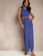 by swan Rochie Albastră din Viscoză cu Ornament Metalic și Decupaje Laterale Odivane