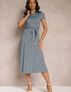 by swan Rochie Albastră Geometrică Midi cu Guler și Curea din Material Mehisi