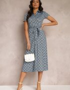 by swan Rochie Albastră Geometrică Midi cu Guler și Curea din Material Mehisi