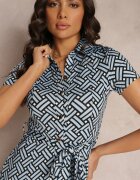 by swan Rochie Albastră Geometrică Midi cu Guler și Curea din Material Mehisi