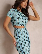 by swan Rochie Albastră Mulată cu Decupaj cu Imprimeu Geometric Larai