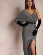 by swan Rochie Argintie Strălucitoare Maxi cu Croială Asimetrică cu Decolteu Triunghiular și Crapatură Imisnna