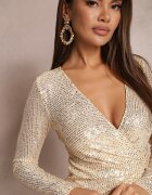 by swan Rochie Aurie Petrecută Midi cu Drapaj Decorată cu Paiete Fendra
