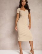 by swan Rochie Bej de cocktail cu croială ajustată cu adaos de vâscoză și șliț Dastorea