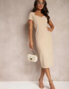 by swan Rochie Bej de cocktail cu croială ajustată cu adaos de vâscoză și șliț Dastorea