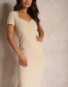 by swan Rochie Bej de cocktail cu croială ajustată cu adaos de vâscoză și șliț Dastorea