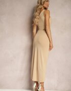 by swan Rochie bej de seară pe un umăr cu decupaj decorată cu cataramă metalică Xanlea