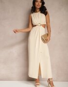 by swan Rochie bej deschis cu vâscoză ornament metalic și decupaje laterale Odivane