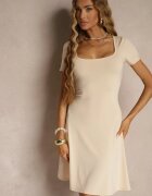 by swan Rochie Bej deschis din Vâscoză cu Croială Evazată cu Decolteu Pătrat Miluriela