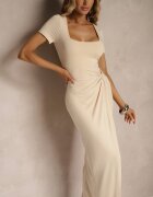 by swan Rochie Bej deschis din Viscoză Decorată cu încrețituri și Fentă pe Picior Milanorea