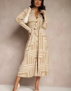 by swan Rochie Bej din Viscoză cu Croială tip Cămașă cu Cordon Legat Nimiessa