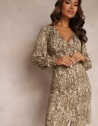 by swan Rochie Bej Imprimată Mini cu Decolteu Adânc și Manșete Leossa