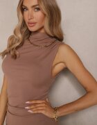 by swan Rochie bej închis din Lână cu croială ajustată cu drapaj și fentă Lisalitia