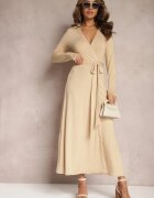 by swan Rochie Bej Tip Plic Cu Legătură în Talie Cu Guler Vazhi