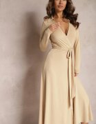 by swan Rochie Bej Tip Plic Cu Legătură în Talie Cu Guler Vazhi