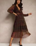 by swan Rochie Bordeaux Strălucitoare cu Volane și Mânecă Transparentă Halose