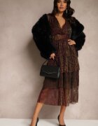 by swan Rochie Bordeaux Strălucitoare cu Volane și Mânecă Transparentă Halose