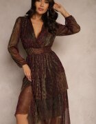 by swan Rochie Bordeaux Strălucitoare cu Volane și Mânecă Transparentă Halose