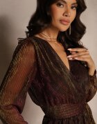 by swan Rochie Bordeaux Strălucitoare cu Volane și Mânecă Transparentă Halose