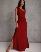 by swan Rochie brocată bordo maxi cu bust asimetric și fustă cloș Eulita