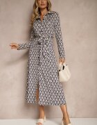 by swan Rochie cămașă Albastră cu Vâscoză cu Model Geometric și Curea Milseki