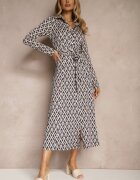 by swan Rochie cămașă Albastră cu Vâscoză cu Model Geometric și Curea Milseki