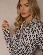 by swan Rochie cămașă Albastră cu Vâscoză cu Model Geometric și Curea Milseki
