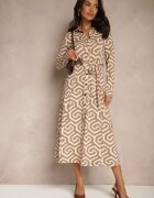 by swan Rochie Cămașă Bej din Vâscoză cu Imprimeu Geometric cu Curea Erisviria