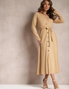 by swan Rochie Cămașă Lungă Bej cu Legătură în Talie Levae