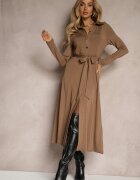 by swan Rochie cămașă lungă bej închis cu legătură în talie Levae