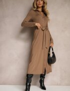 by swan Rochie cămașă lungă bej închis cu legătură în talie Levae